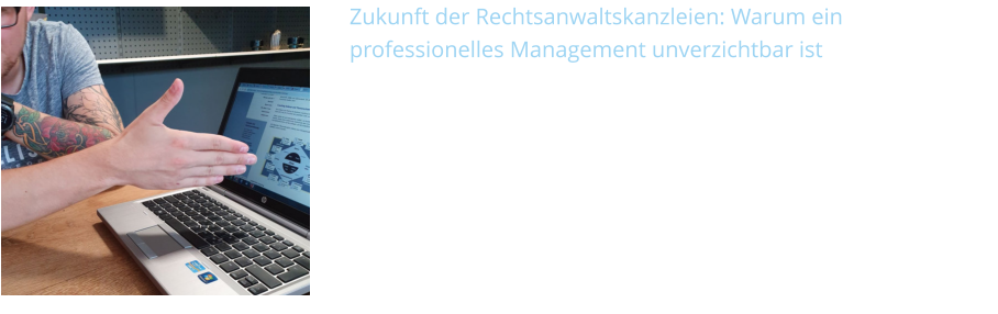 Zukunft der Rechtsanwaltskanzleien: Warum einprofessionelles Management unverzichtbar ist Ein professionelles Kanzleimanagement ist der Schlüssel zu mehr Wettbewerbsstärke und Profitabilität im Rechtsmarkt. Die Anzahl der Anwaltskanzleien steigt weiterhin, was den Wettbewerb verschärft. Und auch einige der jüngst noch so rasant wachsenden Verbraucherrechtskanzleien merken, dass ihr Expansionskurs schwieriger, dass operational Management herausfordernder wird. Die gute Nachricht: Management- und Führungskompetenz kann man lernen.  